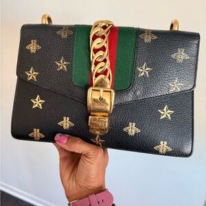 Gucci Black and Gold Star and Bee Shoulder Bag Sylvie leather handbag